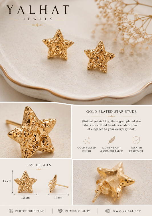 Yalhat Gold Plated Star Stud Earrings – Minimal Luxury Jewelry for Women
