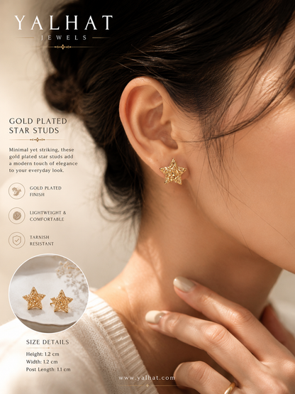 Yalhat Gold Plated Star Stud Earrings – Minimal Luxury Jewelry for Women