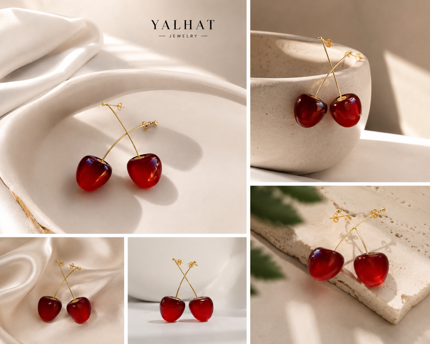 Yalhat Cherry Drop Earrings for Women | Luxury Red Cherry Gold Plated Statement Earrings