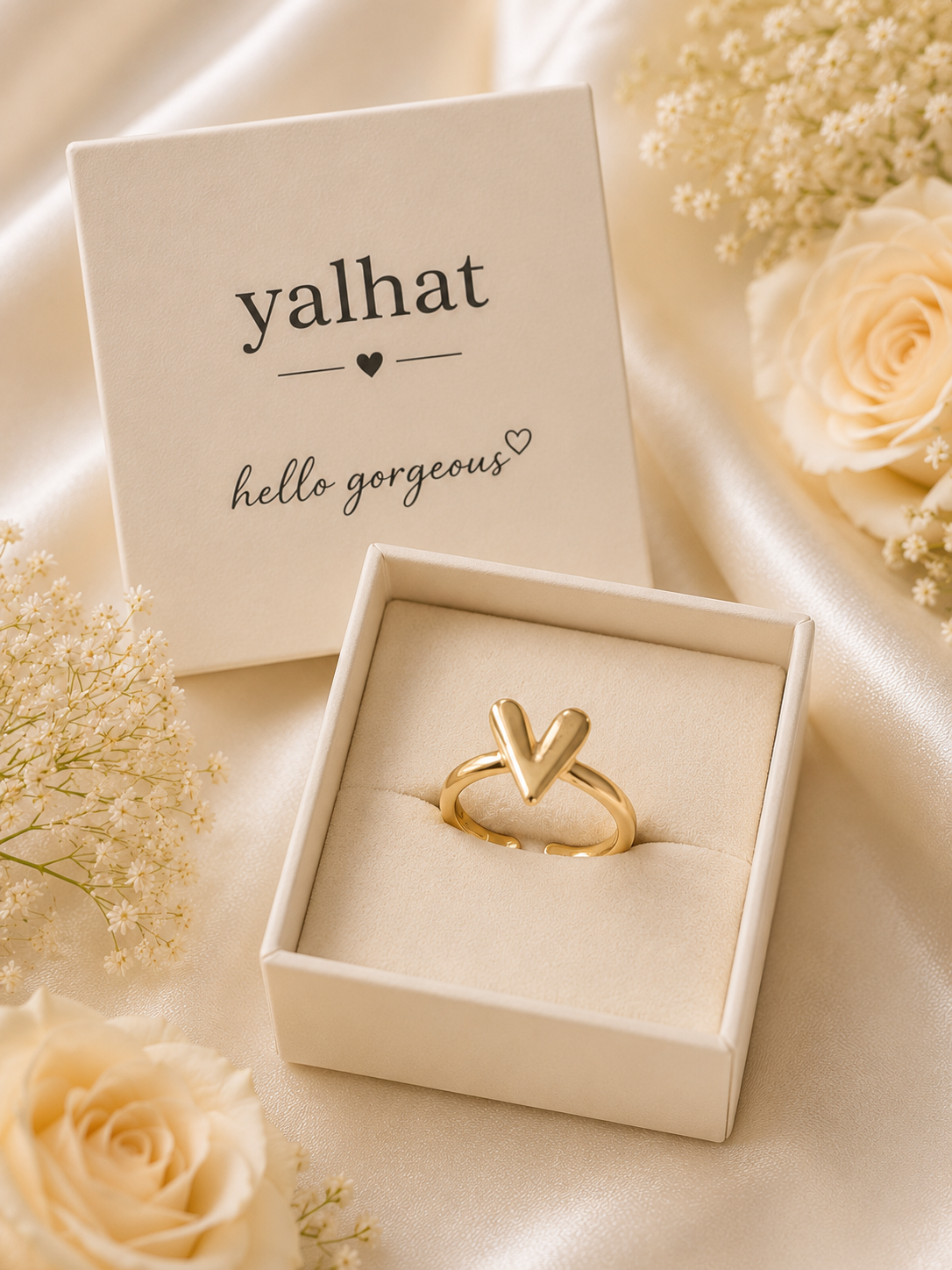 Yalhat Minimalist Gold Heart Adjustable Ring for Women | Elegant Open Heart Finger Ring | Anti Tarnish Fashion Jewellery | Gift for Girls & Women