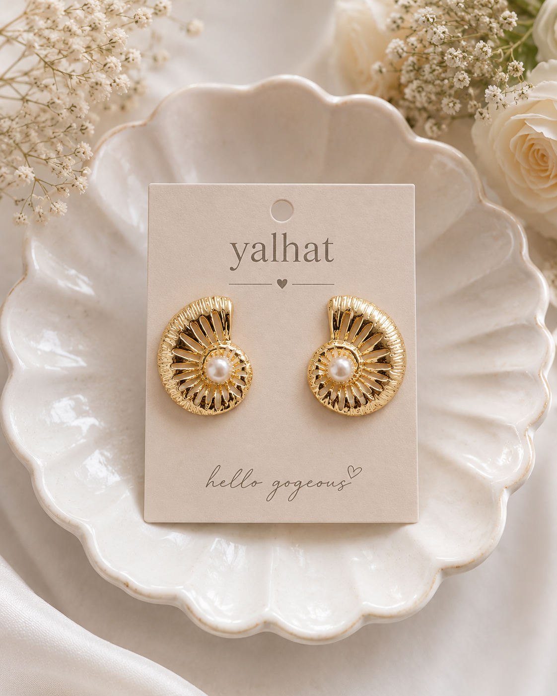 Yalhat 18K Gold Plated Pearl Spiral Semi Stud Earrings for Women | Anti Tarnish | Waterproof | Hypoallergenic | Korean Minimalist Statement Earrings