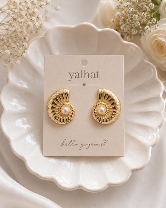 Yalhat 18K Gold Plated Pearl Spiral Semi Stud Earrings for Women | Anti Tarnish | Waterproof | Hypoallergenic | Korean Minimalist Statement Earrings