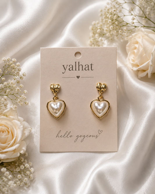 Yalhat 18K Gold Plated Heart Pearl Drop Earrings for Women | Anti Tarnish | Waterproof | Lightweight | Elegant Korean Style Earrings | Hypoallergenic Fashion Jewelry