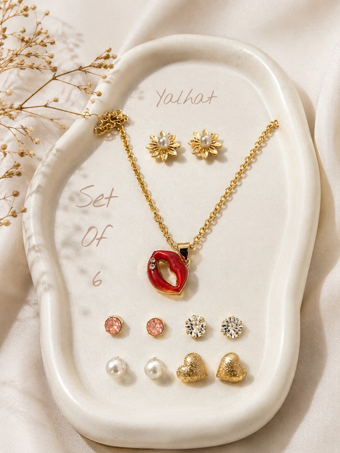 Yalhat Hot Mess Set of 6 - Lip Pendant necklace, Lotus-Pearl-Crystal-Heart-Flower Studds Anti-Tarnish Gold Plated Water Proof Set