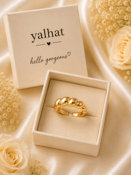 Yalhat Gold Bubble Symmetrical Adjustable Ring for Women | Minimalist Beaded Open Finger Ring | Trendy Gold Fashion Jewellery | Gift for Girls & Women