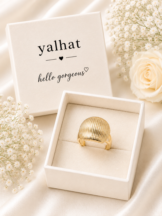 Yalhat Gold Textured Dome Adjustable Ring for Women | Minimalist Statement Open Finger Ring | Vintage Ribbed Gold Fashion Jewellery | Gift for Girls & Women