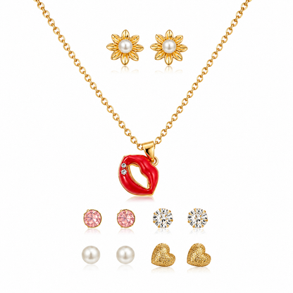 Yalhat Hot Mess Set of 6 - Lip Pendant necklace, Lotus-Pearl-Crystal-Heart-Flower Studds Anti-Tarnish Gold Plated Water Proof Set
