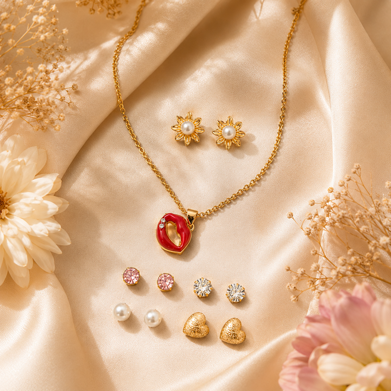 Yalhat Hot Mess Set of 6 - Lip Pendant necklace, Lotus-Pearl-Crystal-Heart-Flower Studds Anti-Tarnish Gold Plated Water Proof Set