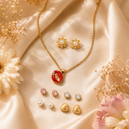 Yalhat Hot Mess Set of 6 - Lip Pendant necklace, Lotus-Pearl-Crystal-Heart-Flower Studds Anti-Tarnish Gold Plated Water Proof Set